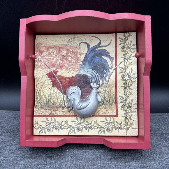 Vintage Wooden Red Napkin Holder w/ Metal Rooster Chicken Country Kitchen Rustic - Picture 2 of 12